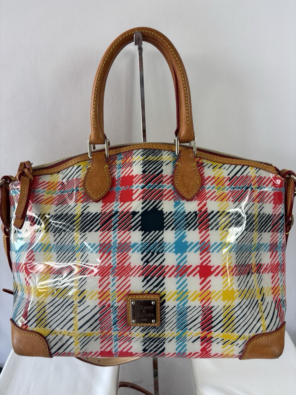 Dooney Bourke Chatham White Bright Plaid Domed Satchel Top Handles Shoulder